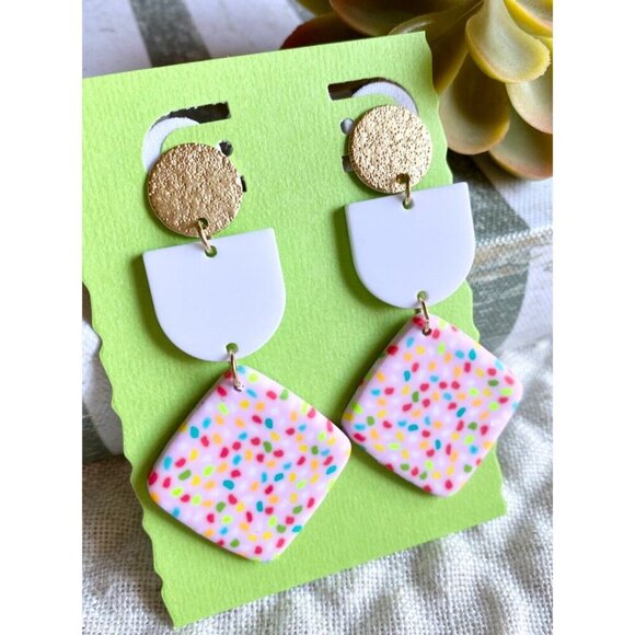 New Pink White Multicolor Dot Geometric Retro 80s Style Matte Earrings - 2.50" - Picture 4 of 5